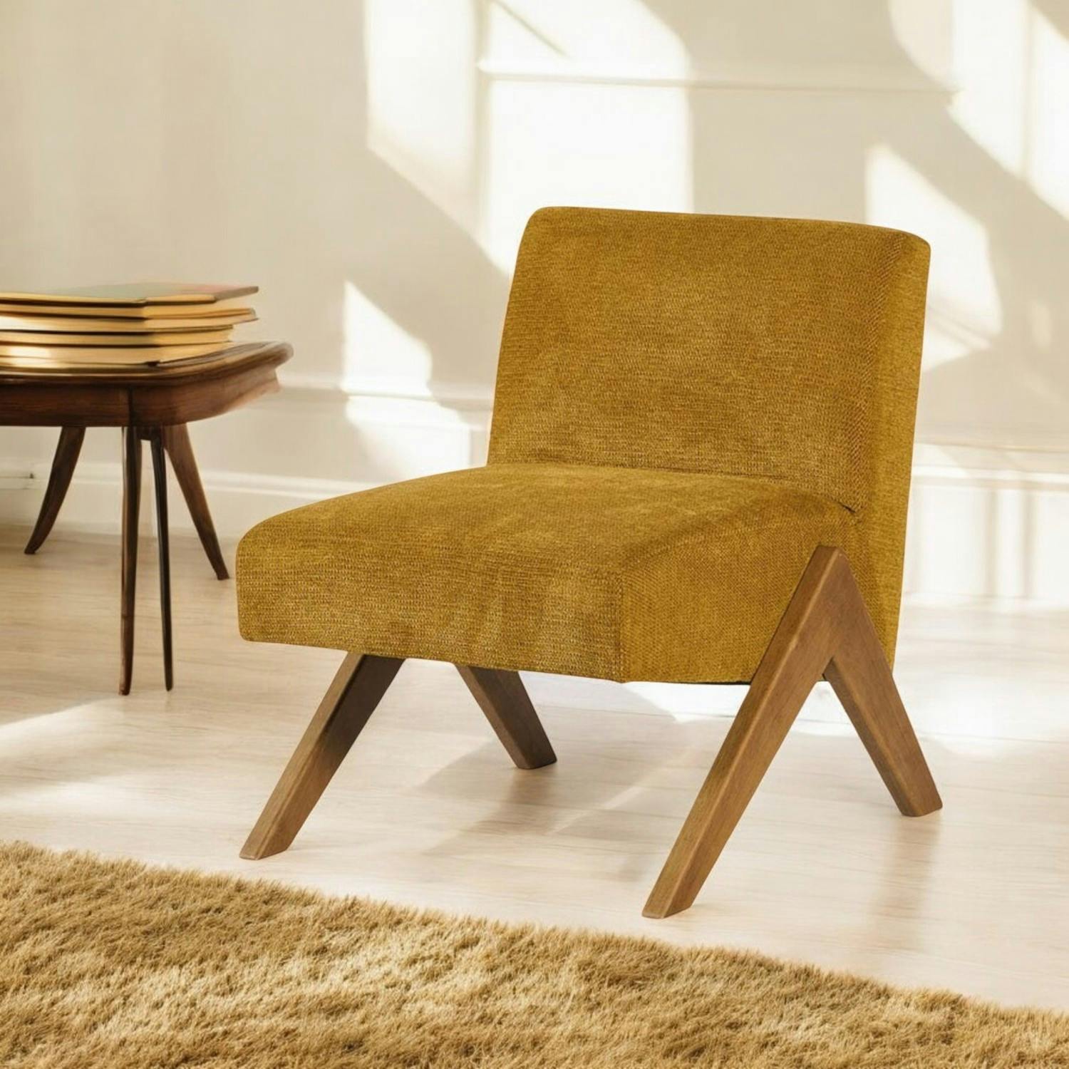Fauteuil de salon bois et velours moutarde SOHO