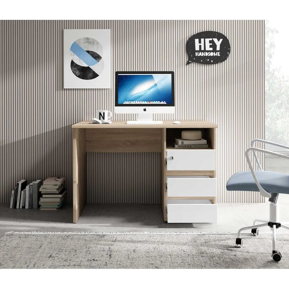 Bureau Primos 110cm met 3 lades - eik/wit