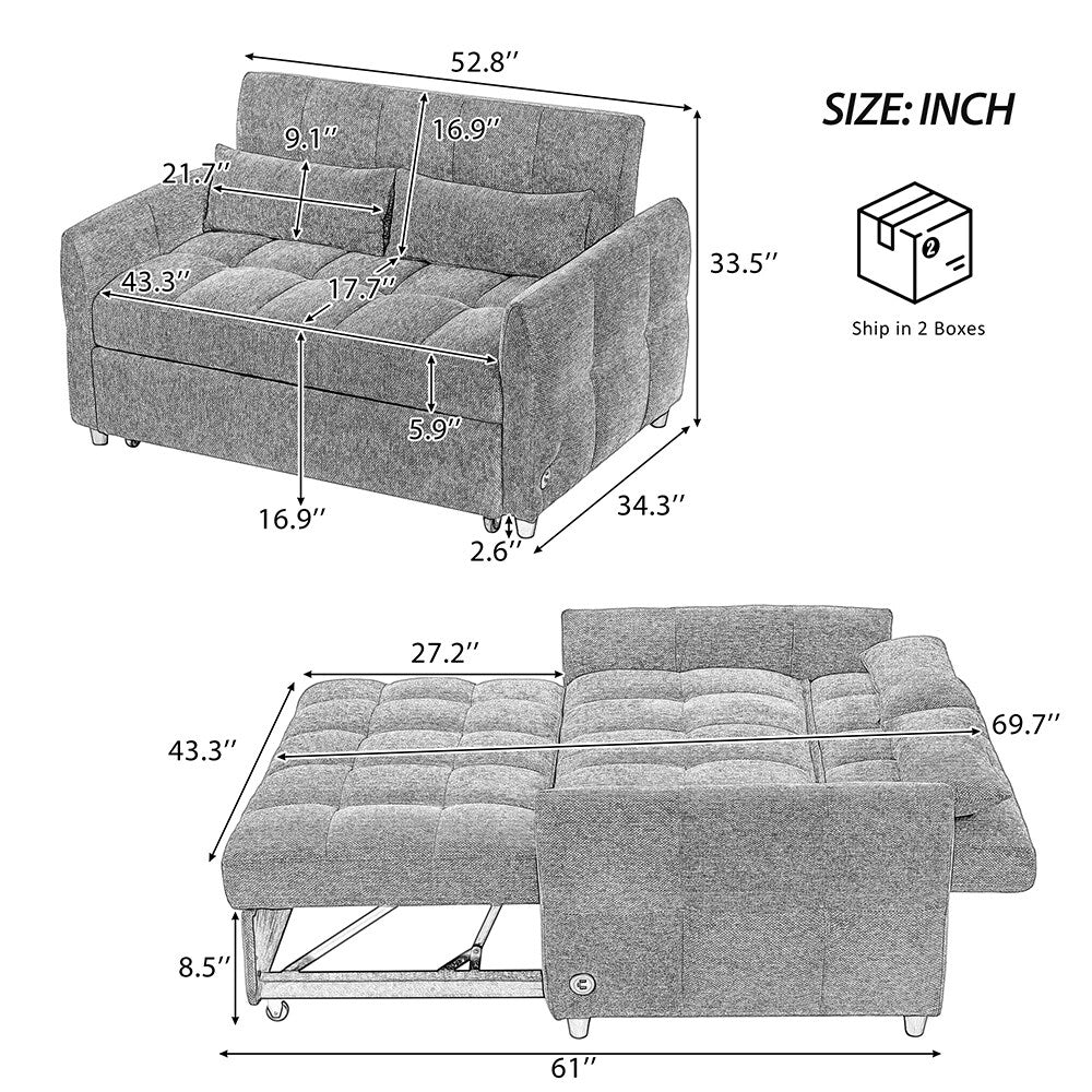52.8 Adjustable Loveseat Sleeper, 3 USB Ports, 2 Pillows Included