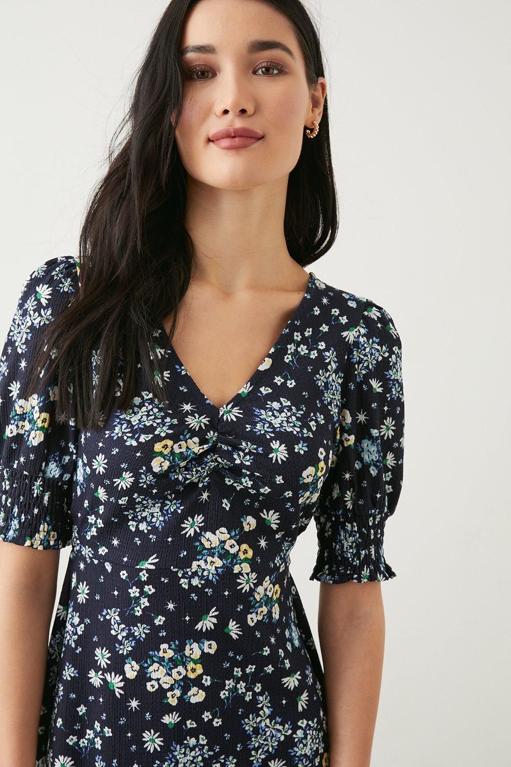 Dorothy Perkins Petite Navy Ditsy Shirred Cuff Jersey Midi Dress