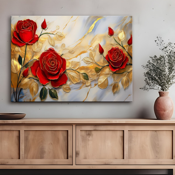 Feeby Obraz na płótnie, Róże Złoto Kwiaty Marmurowe tło 60x40