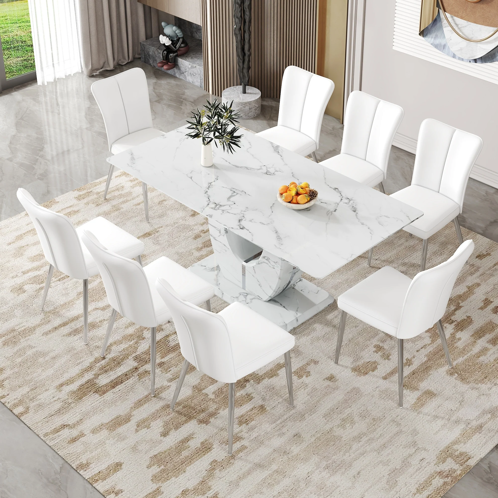 Modern Style Dining Set with Rectangular Table and PU Vertical Stripe Upholstered Dining Chairs