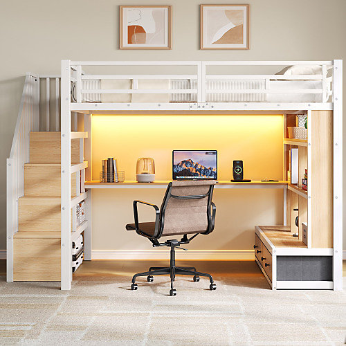 Lit mezzanine en métal 140x200cm avec LED - avec bureau et étagères - 2 tiroirs et escalier de rangement - Blanc (sans matelas)