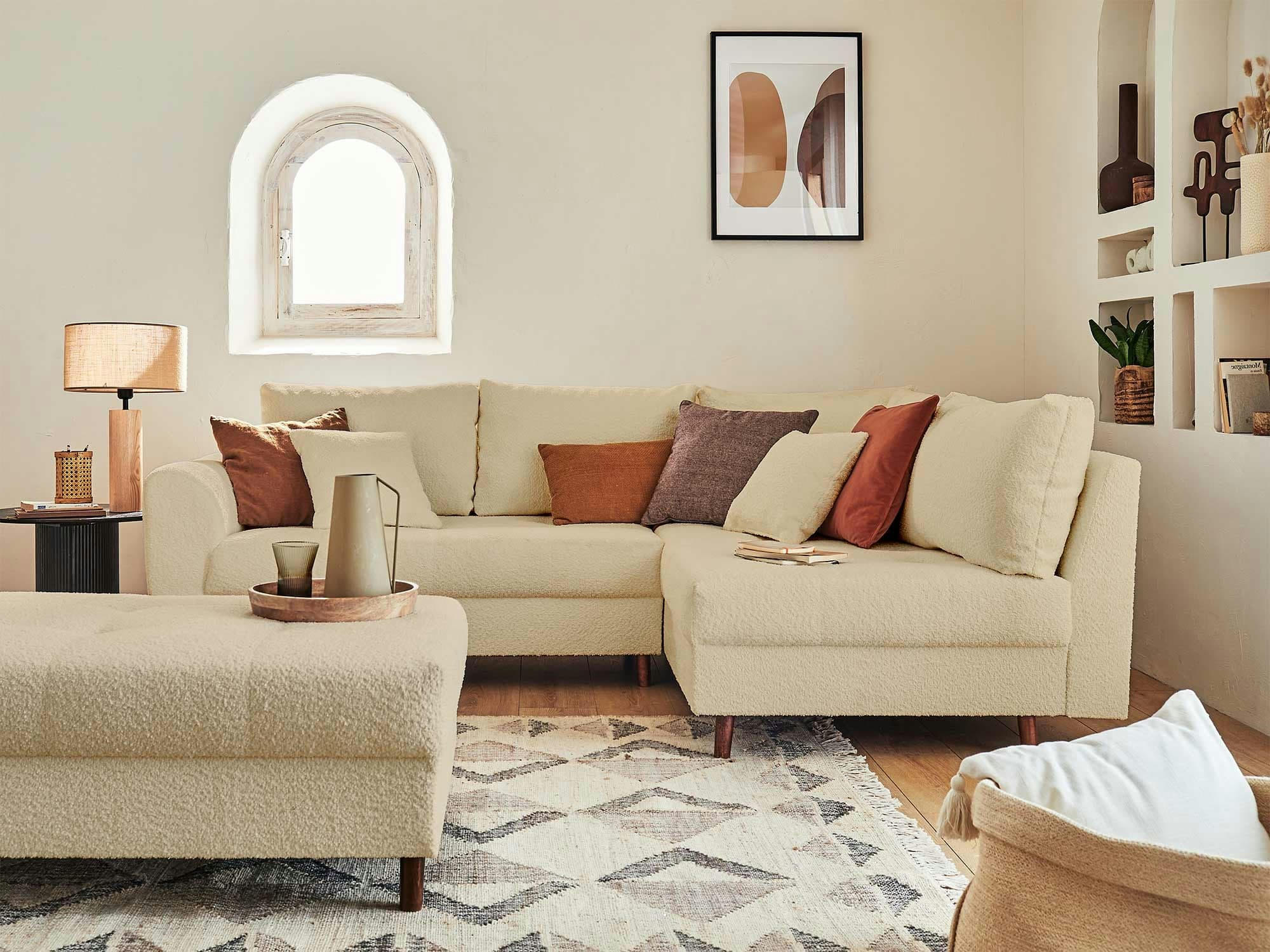 RUNE - Canapé d'angle droit convertible 4 places en tissu bouclette beige