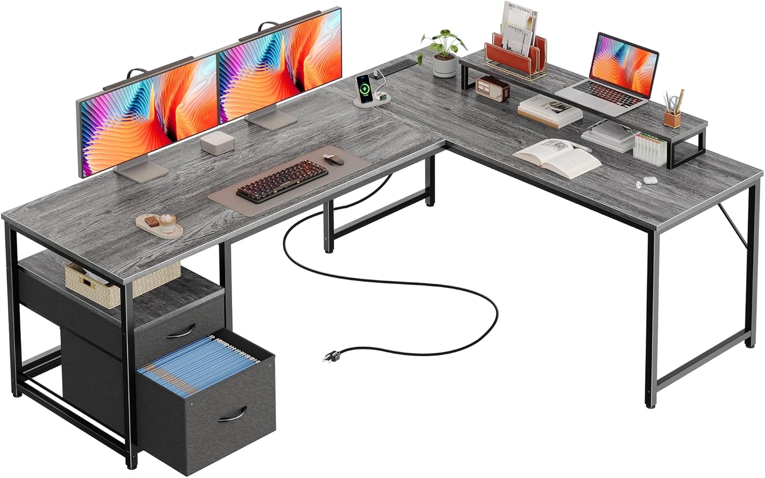 PRAISUN 63 Inch L Shaped Desk with Power Outlets and USB-C Port, Computer Corner Home Office Desk with File Fabric Drawers and Movable Monitor Stand, Larger Storage, Gaming, Writing, Work, Grey