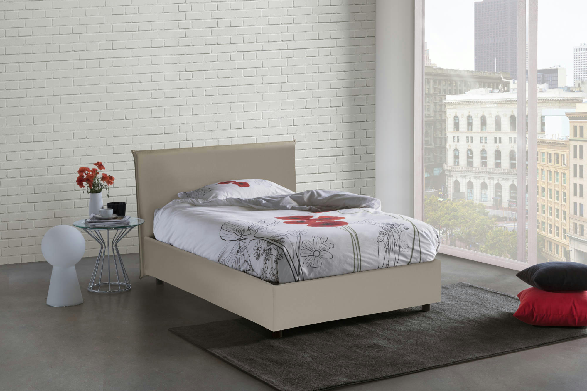 AUREA - Lit coffre 140x190 cm en éco-cuir gris taupe