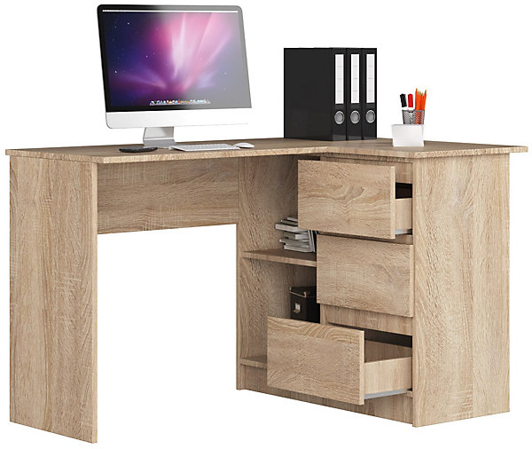 Bureau AKORD d'angle droit B16 Chêne Sonoma 124 cm 3 tiroirs façade Chêne Sonoma 2 étagères 124x85x77 cm