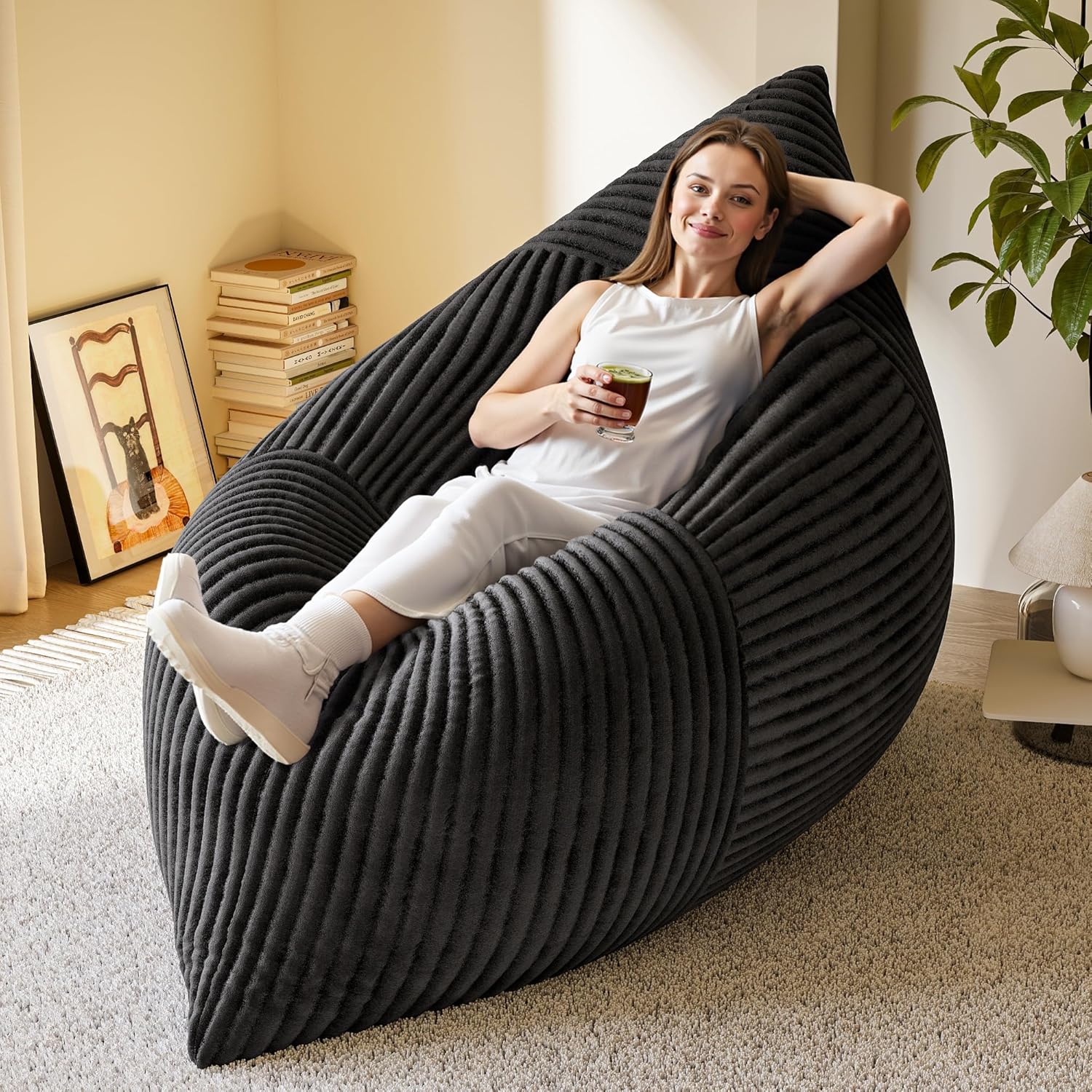 Homall 3 in 1 Giant Bean Bag Chair for Adults, Convertible Bean Bag Floor Couch Bed with Washable Cover, High-Density Foam Chair Bed for Living Room, Dorm Room, Office (Black)