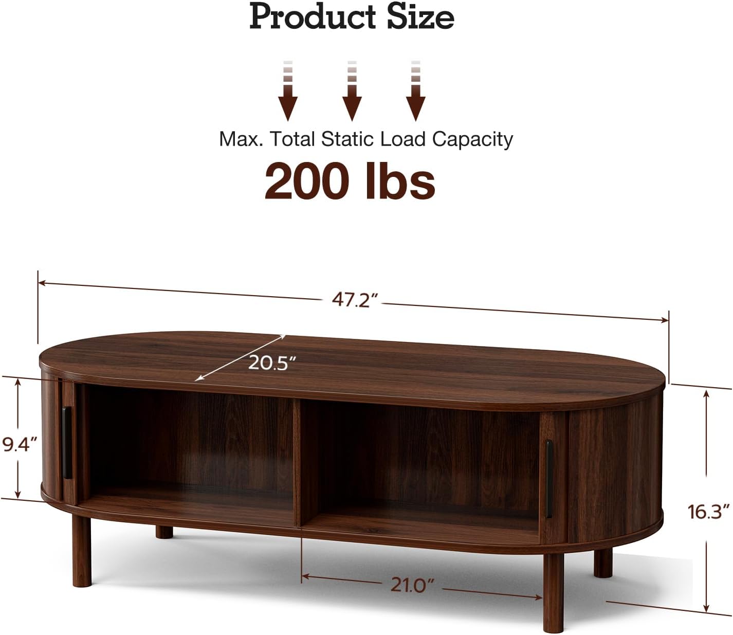 ZttRiee Coffee Table for Living Room, Modern Oval Coffee Table with Cabinets & Sliding Doors, Home Small Space, 47.2 Fluted Center Table, Walnut