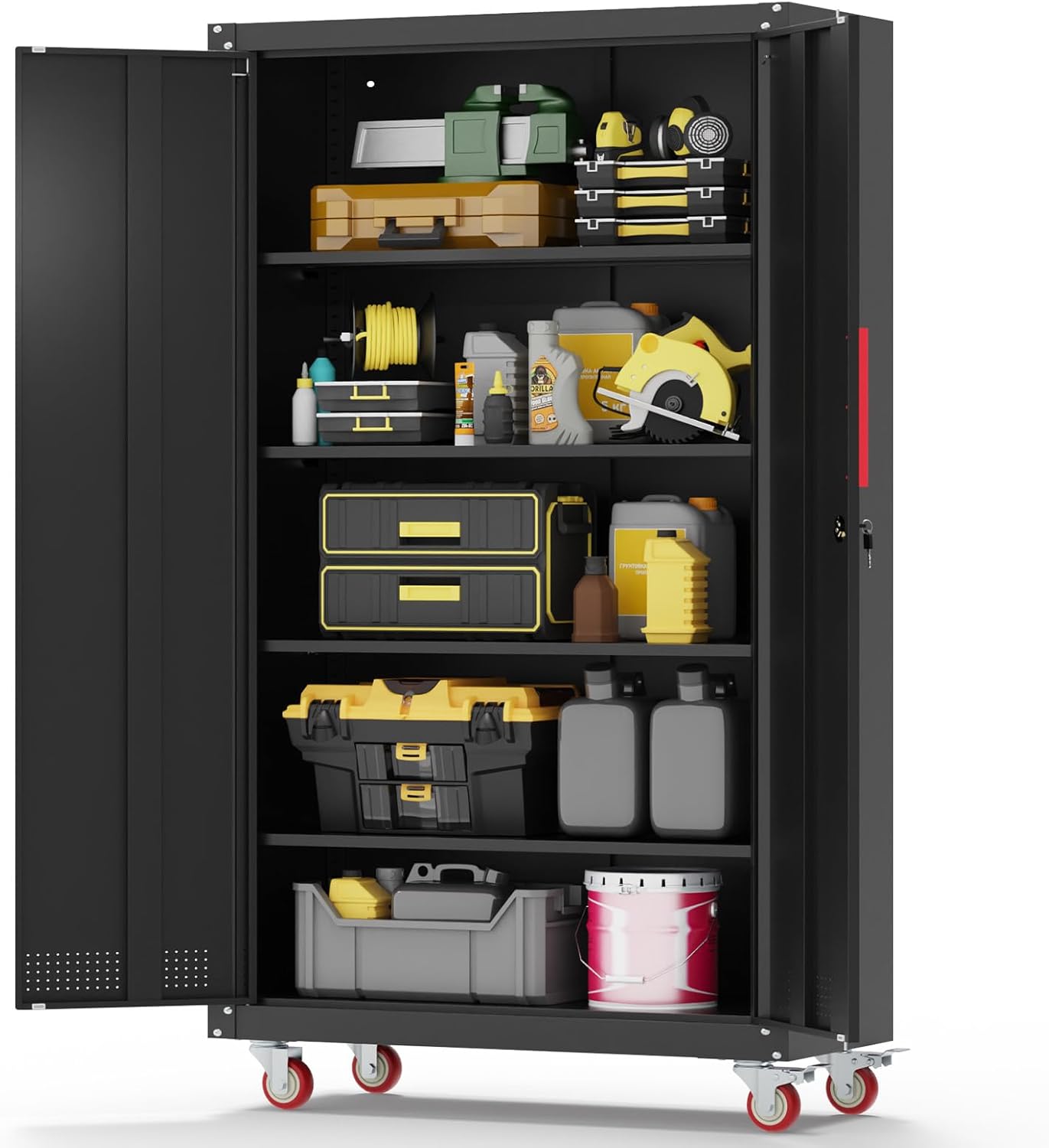 Eltean Metal Garage Cabinets with Wheels| 71 Steel Lockable Garage Storage Cabinet with 4 Adjustable Shelves, Heavy-Duty Tool Storage Cabinet for Home, Basement, Workshop (Black)