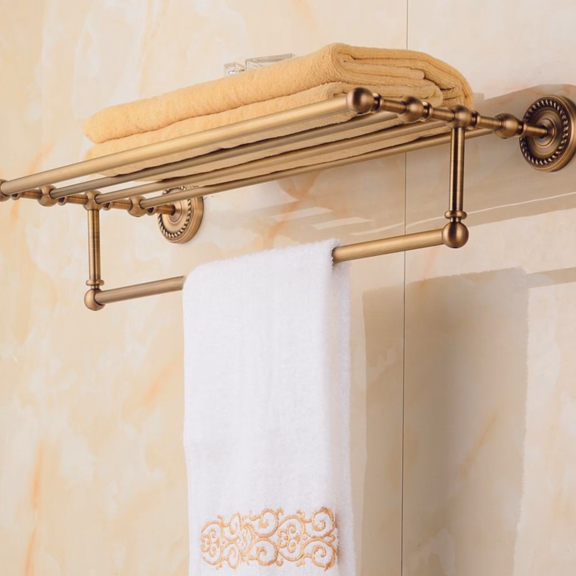 Solid Brass Towel Rack Antique Brass Bathroom Shelf Wall Mounted Towel Holder with Rail Vintage Bathroom Storage