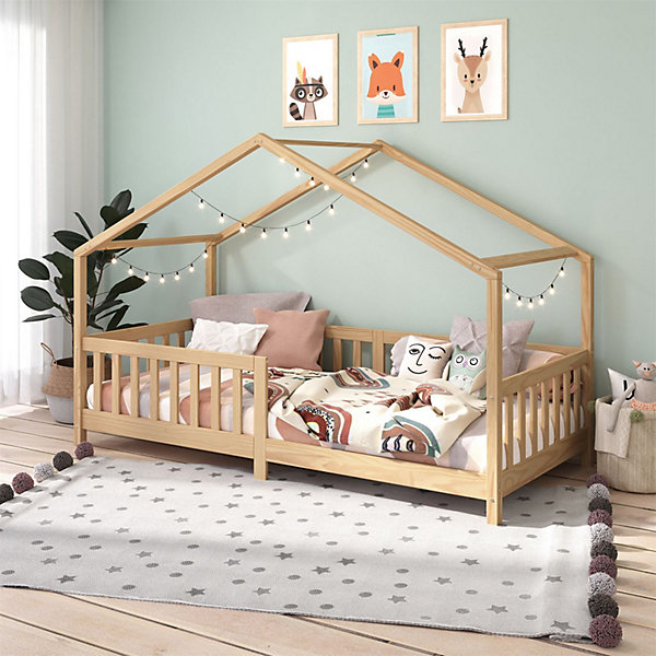 Lit cabane LISAN 90 x 190 cm, en pin massif naturel