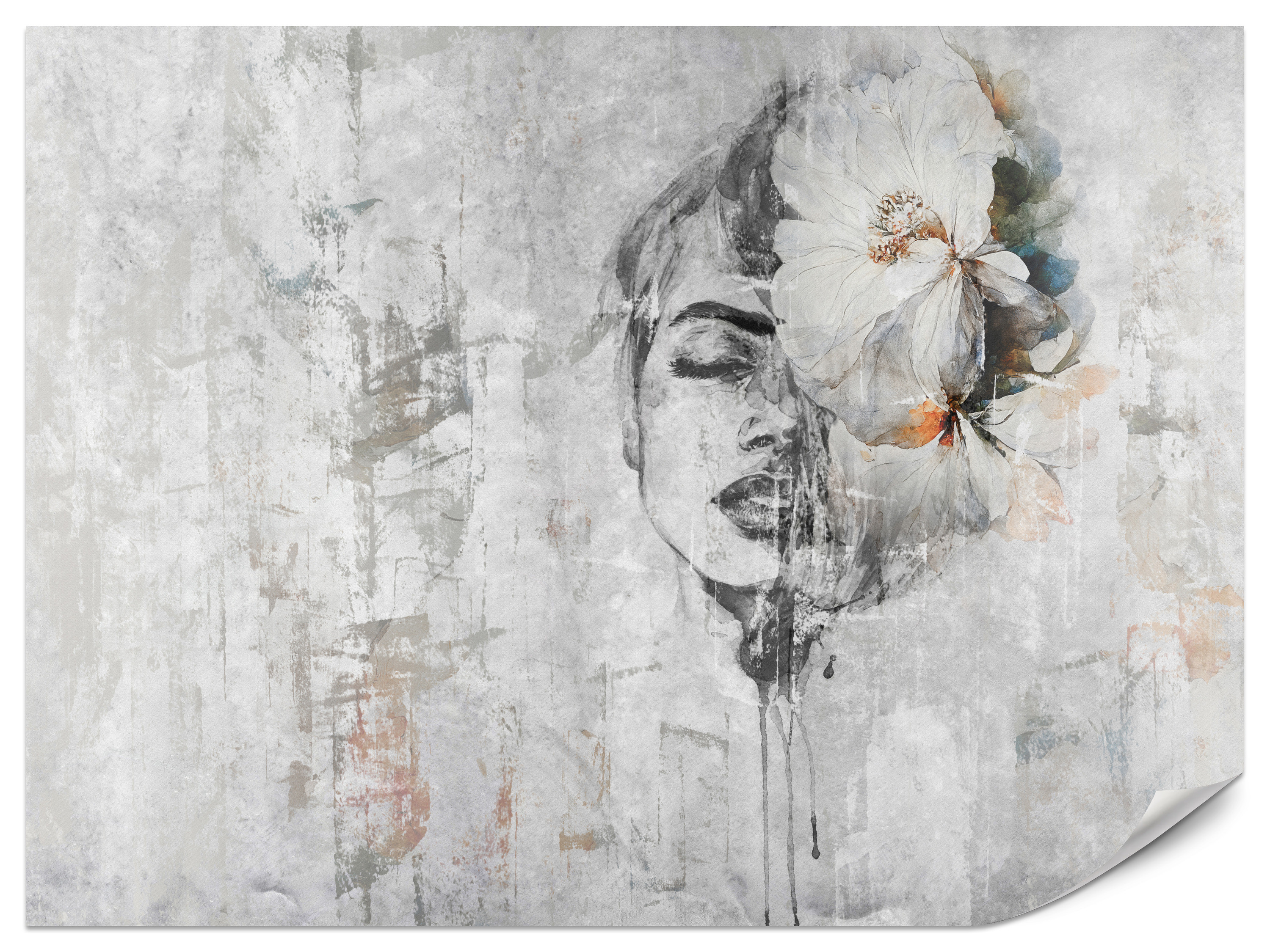 Fototapeta Portret kobiety z pięknym kwiatem na betonie 100x70cm