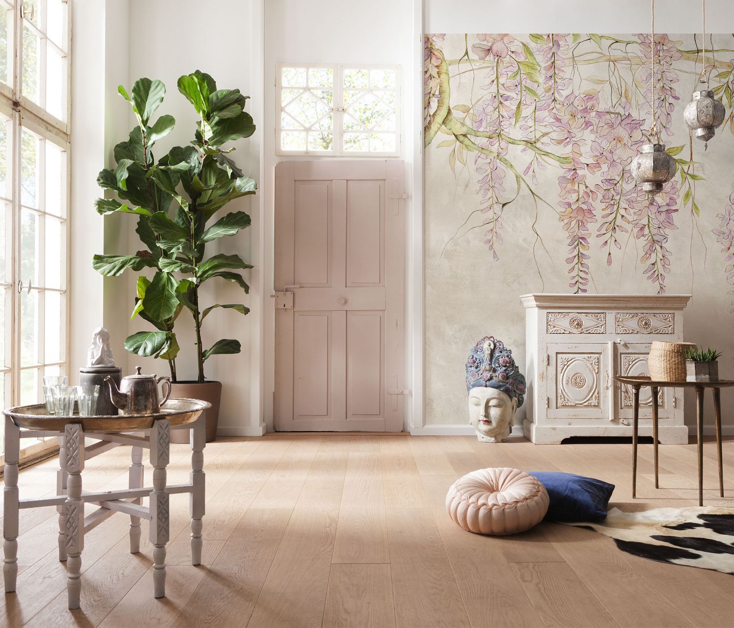 Sanders & Sanders fotobehang blauwe regen zandkleurig en lila roze - 400 x 280 cm - 612456