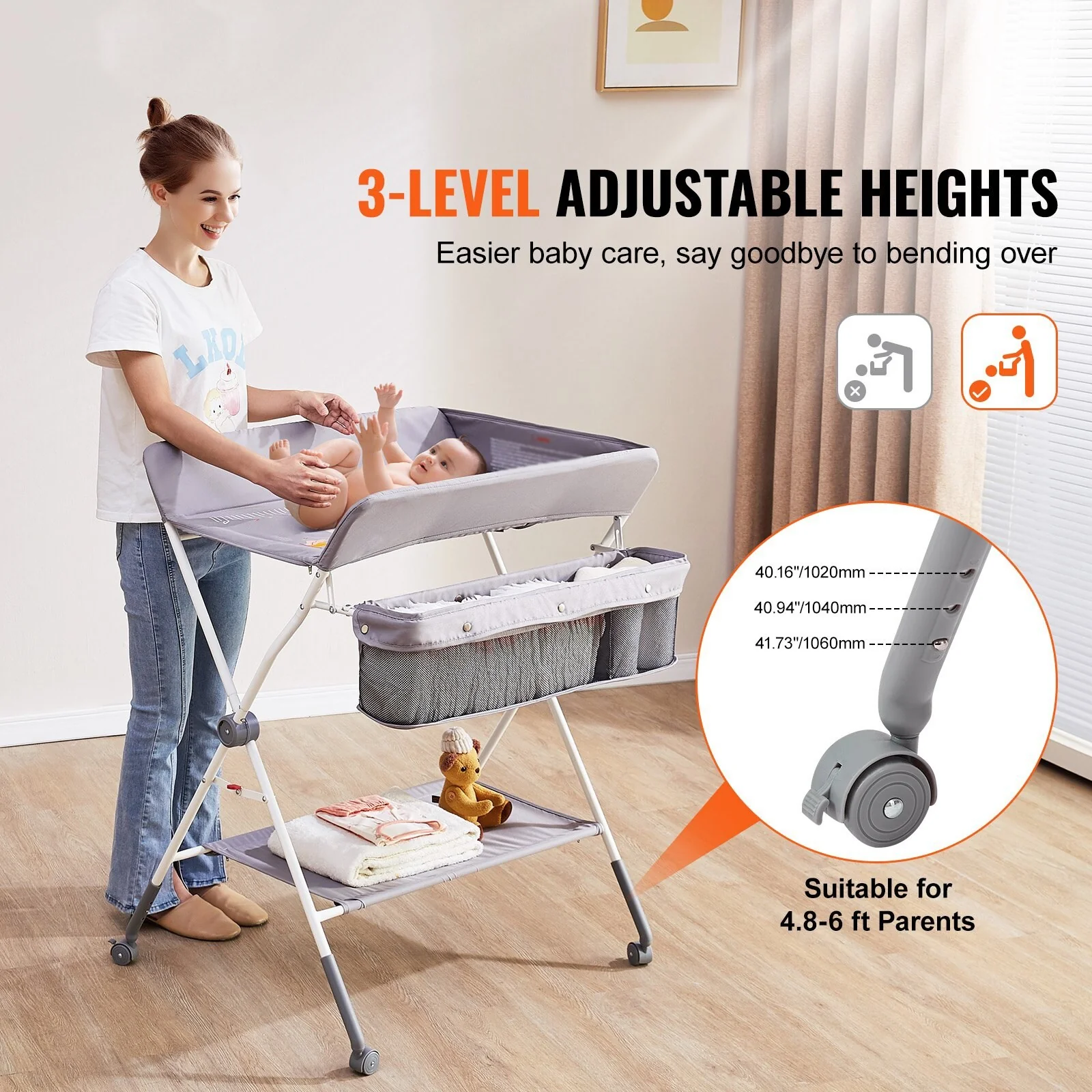 Gray Steel & Oxford Foldable Baby Changing Table with Wheels & Storage - 33.46 x 29.53 x 41.34 in