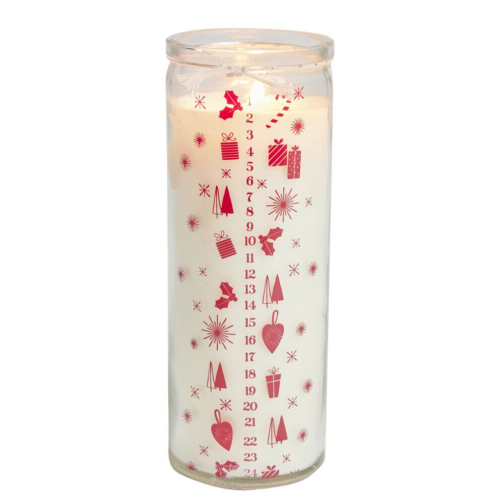 Bougie de No&euml;l calendrier de l'avent dans verre senteur pomme cannelle 60H - Ø6xH17,5cm