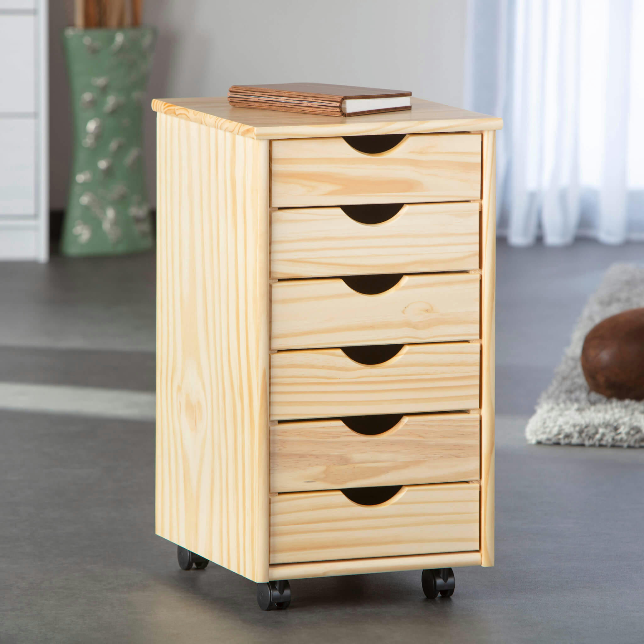 - Caisson 6 tiroirs en pin massif vernis naturel