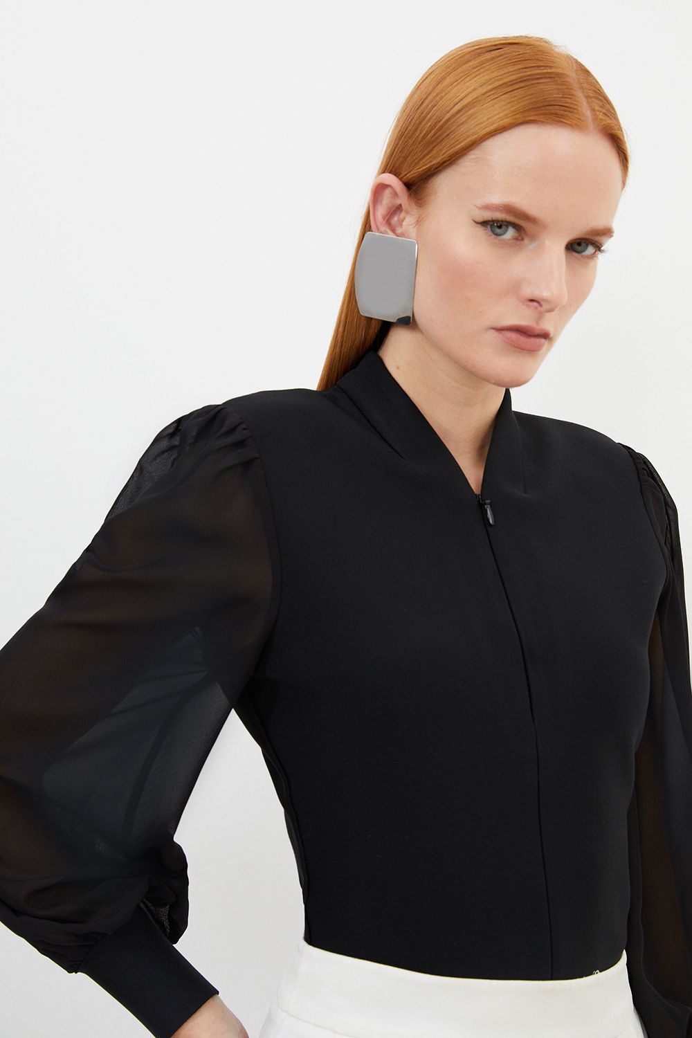 KarenMillen Bandage Figure Form Zip Detail Chiffon Sleeve Knit Top