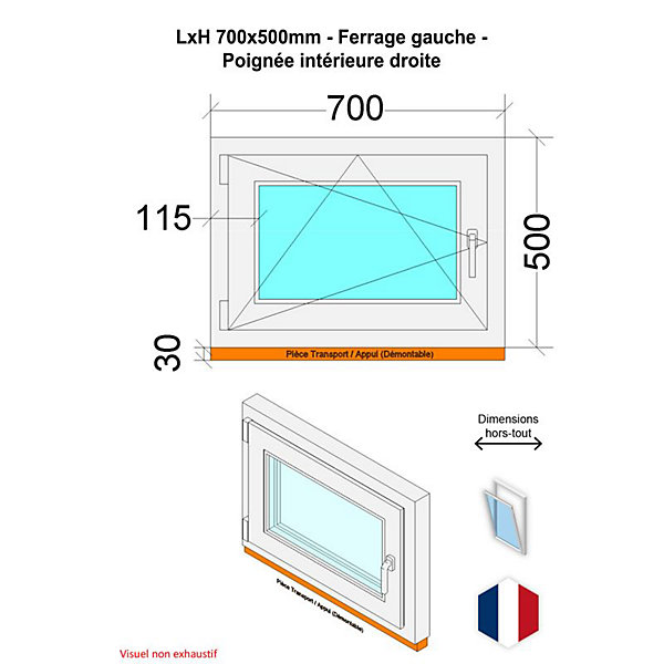 Fenêtre PVC - LxH 700x500 mm -Triple Vitrage - Bicolore blanc int/anthracite ext-poignée à droite