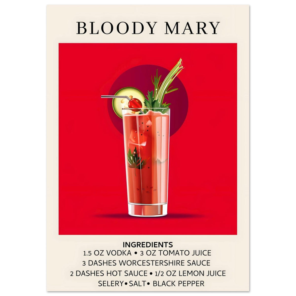 Artfulprints Poster Bloody Mary cocktail - Ingrediënten  - A4 21x29.7 cm - Rood