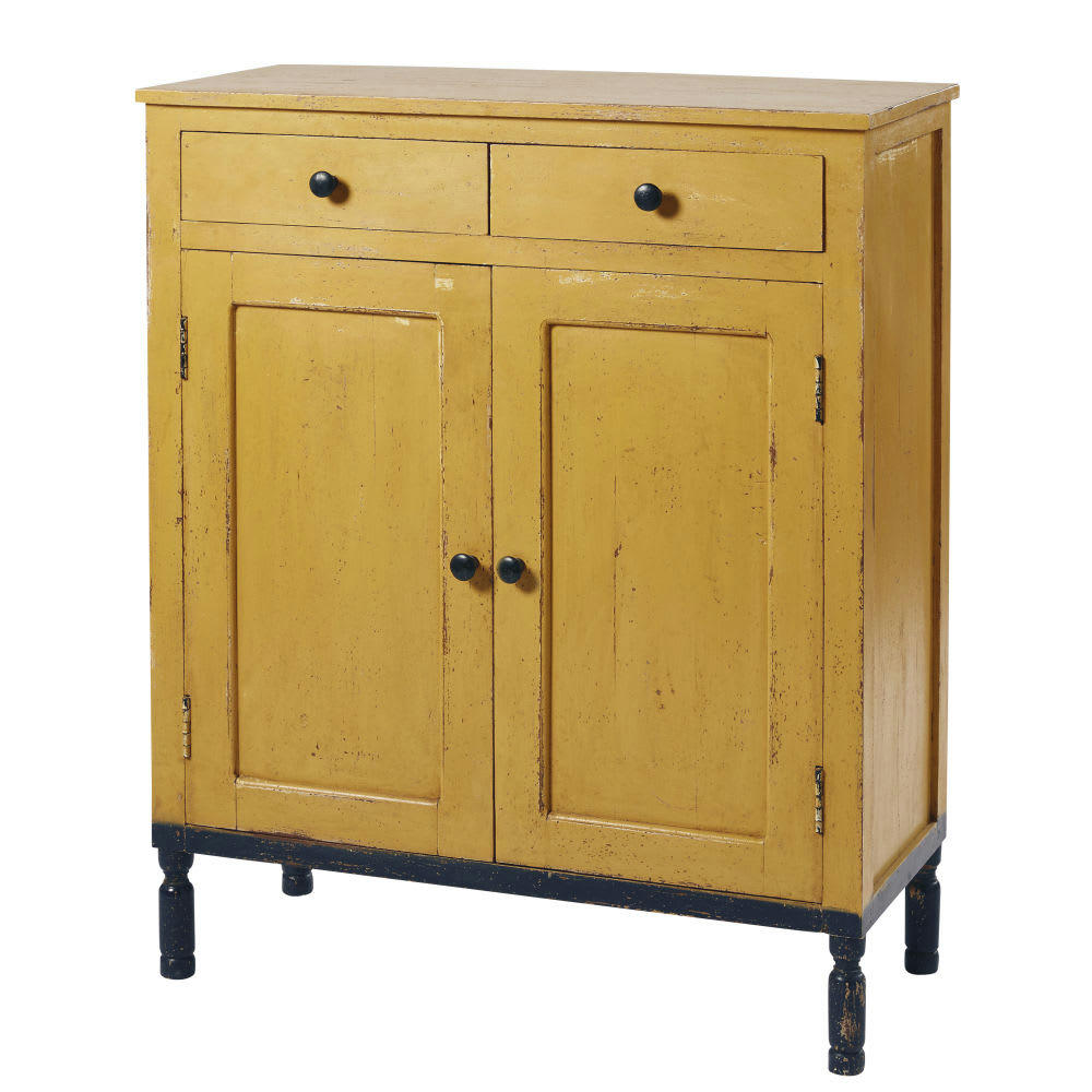 Tiago - Buffet haut 2 portes 2 tiroirs en manguier massif jaune et noir