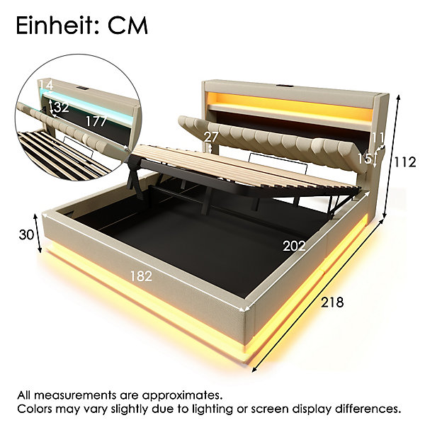 Lit double 180 x 200 cm avec ports USB Type-C, éclairage LED, lit coffre avec hydraulique, tête de lit avec rangement, lin, beige