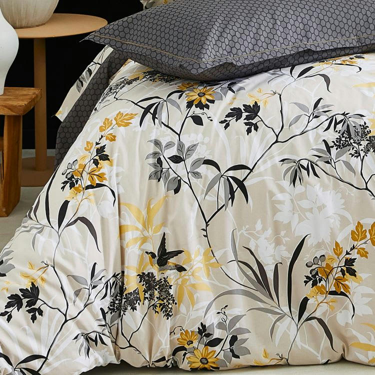 ASIA - Housse de couette beige imprimée feuilles coton beige 200x200