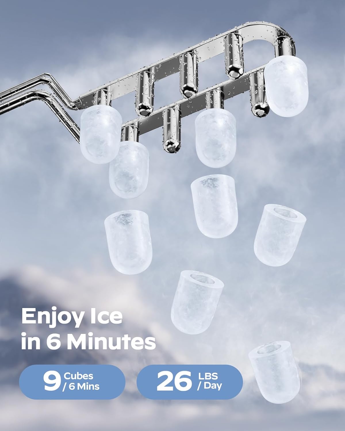HOMEZAY Ice Maker Countertop, 9 Cubes Ready in 6 Mins, 26 lbs per Day, Ice Machine with 2 Ice Sizes and Self-Cleaning, Portable Ice Maker with Handle for Home, Kitchen, Camping, RV, Office, Black