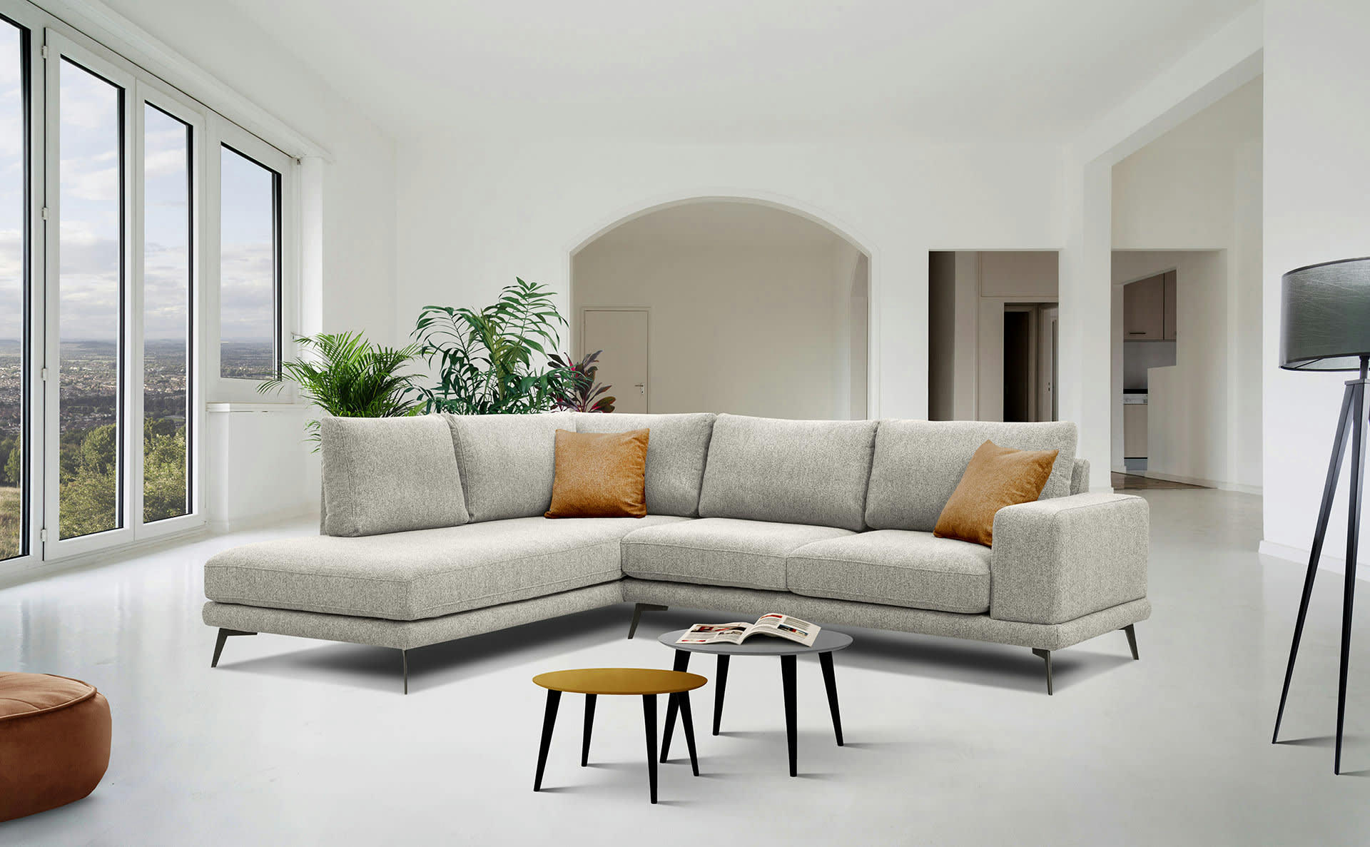 MEDIOLANE - Canapé d'angle gauche 5 places tissu beige