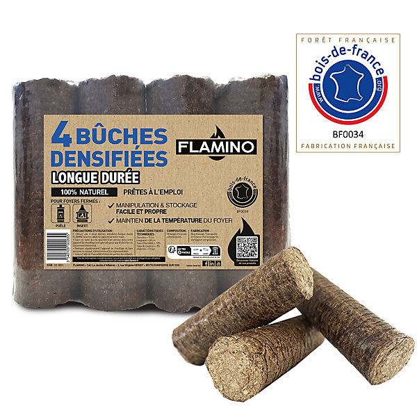 Bûche densifiée longue durée Flamino - Prêt à l'emploi ≤ 12 % vendue par 4 pièces