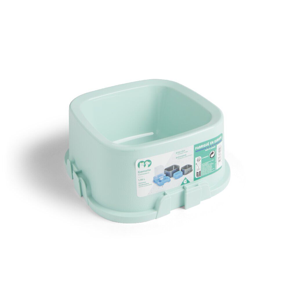 Gamelle carrée pour chien plastique vert 1,35L - 21,5x21,5xH.9,4cm