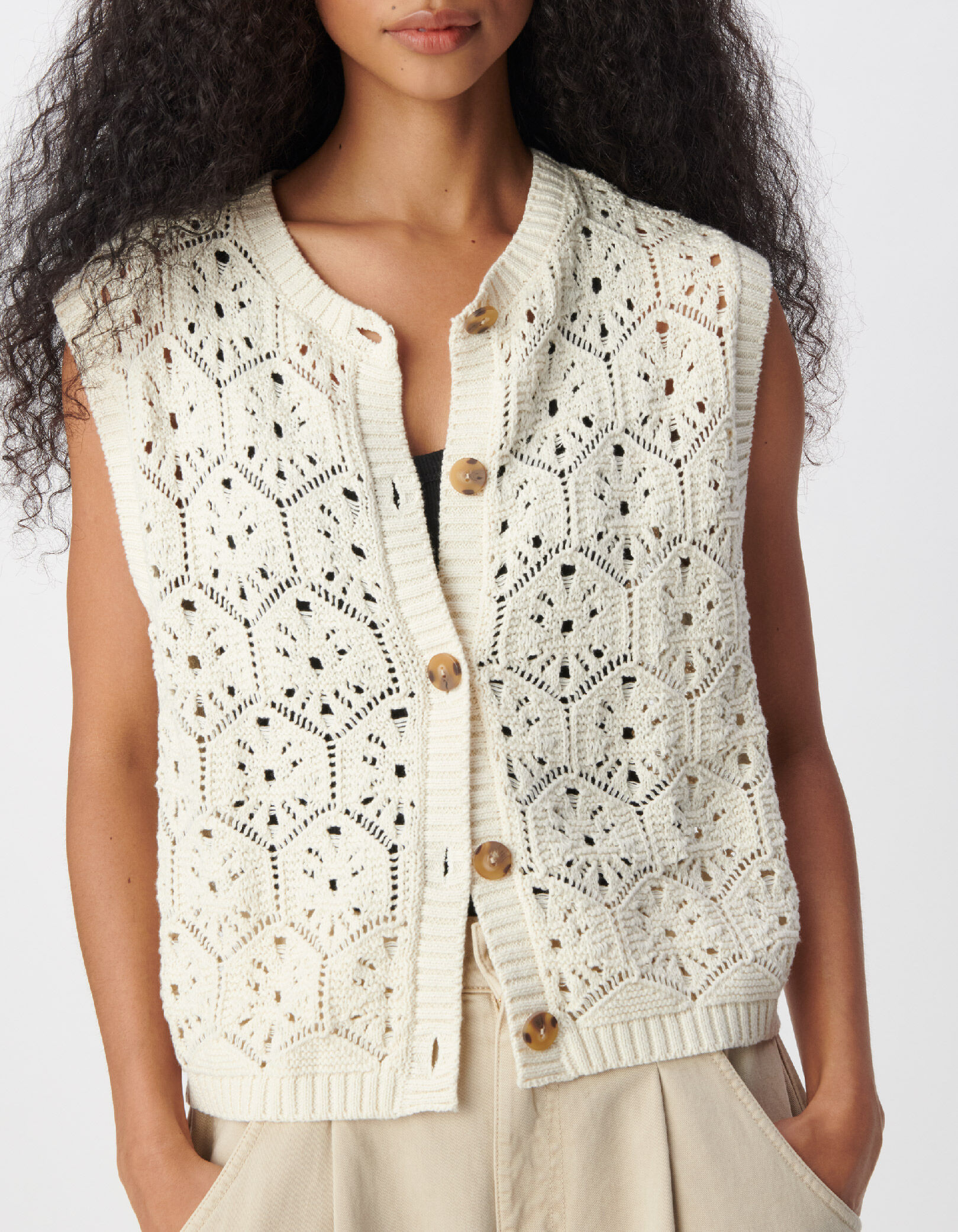 Cardigan sans manches vert tricot ajouré Femme