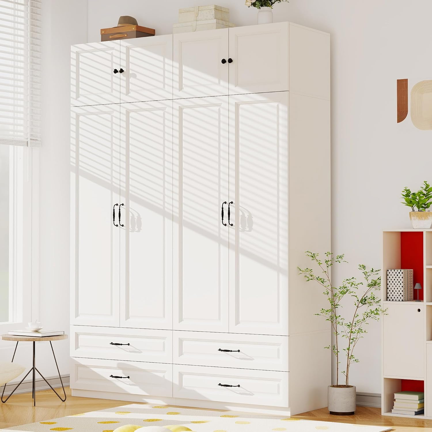 White Armoire Wardrobe Closet with Drawers: Bedroom Armoires with Hanging Rod, Wooden Closet Cabinet for Hanging Clothes, Tall Wardrobes Closets with Doors and Shelves (63)