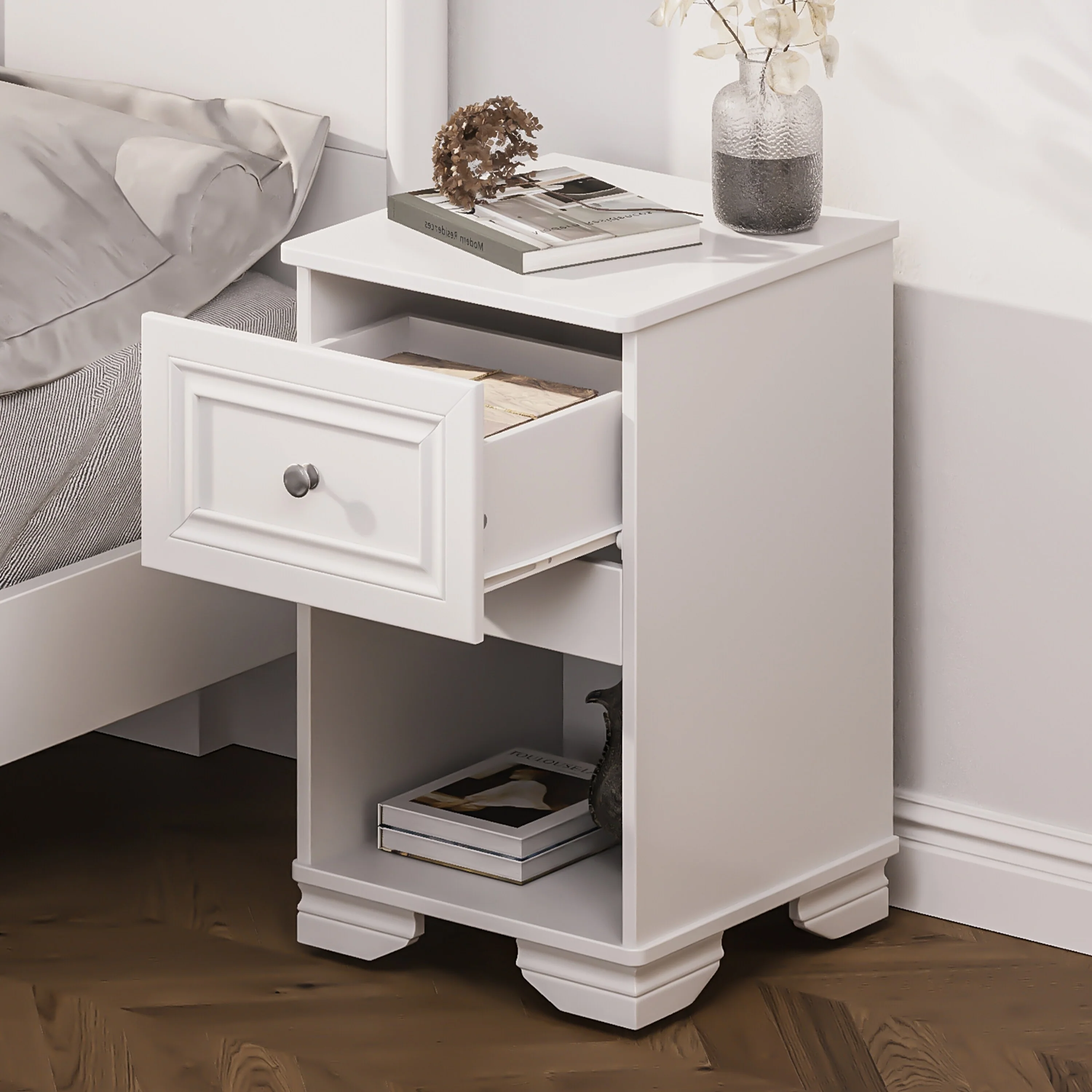 Wood Nightstand with Drawer with Open Storage Shelf and Metal Handle Retro Nightstand Bedroom Small Side Table Accent Table
