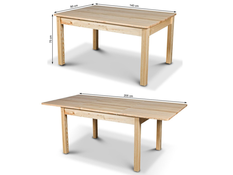 Stół Madura rozkładany 140/205x90 z drewna z 4 krzesłami, kolor sosnowy