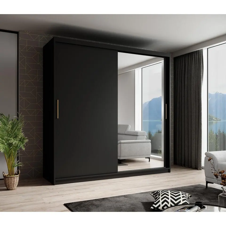 Meubella - Kledingkast Mandalin - Zwart - 200 cm - Met spiegel