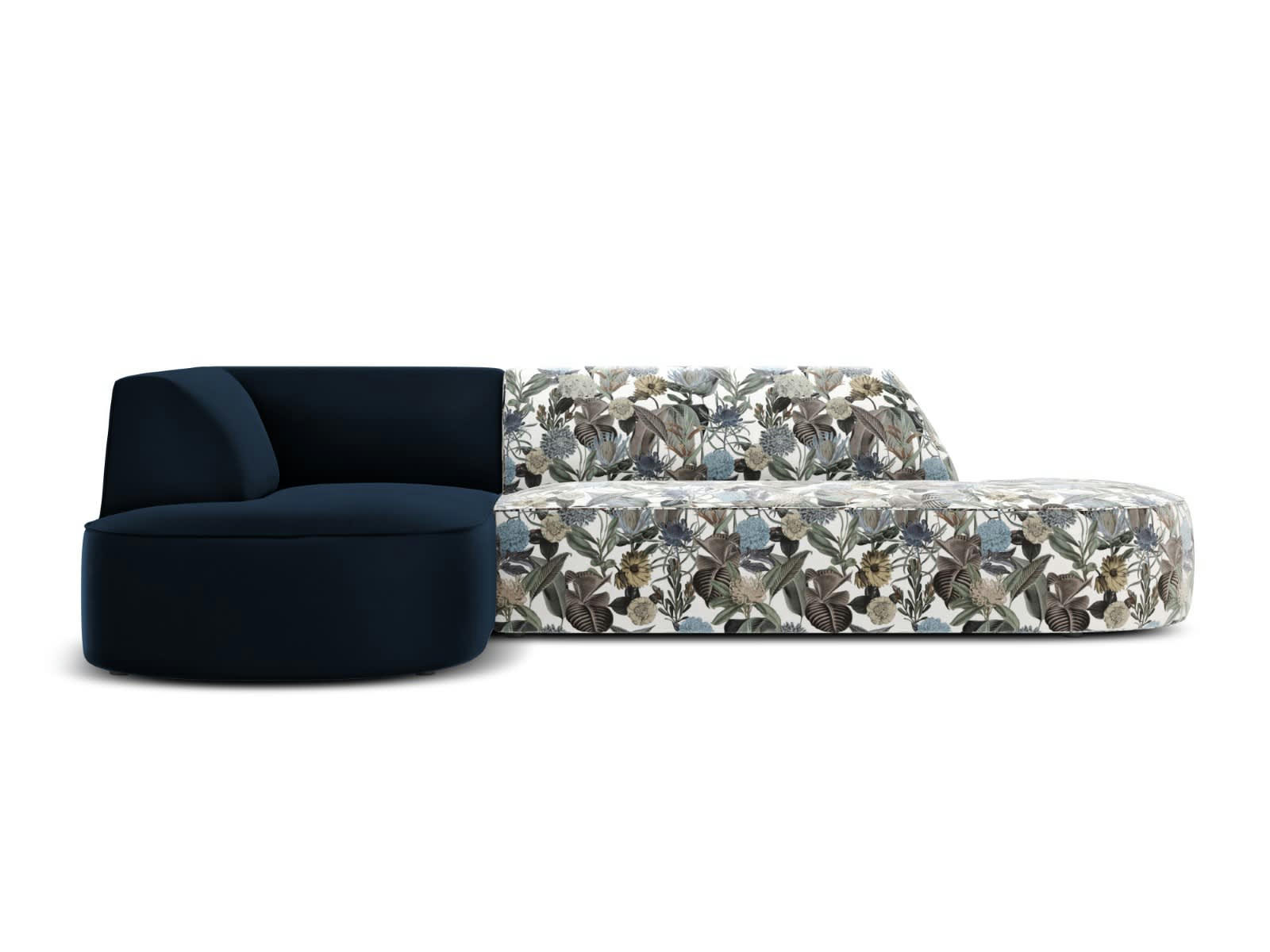 CHARLES - Canapé D'Angle Gauche 4 places en Velours Motif de Jardin Bleu Clair