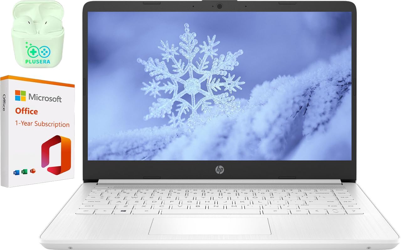 HP 14 Business & Student Laptop Computer with Microsoft Office 365 Included  Intel Quad-Core Processor  8GB RAM 320GB Storage (64GB eMMC+256GB SD Card)  Windows 11  PLUSERA Earphones  White