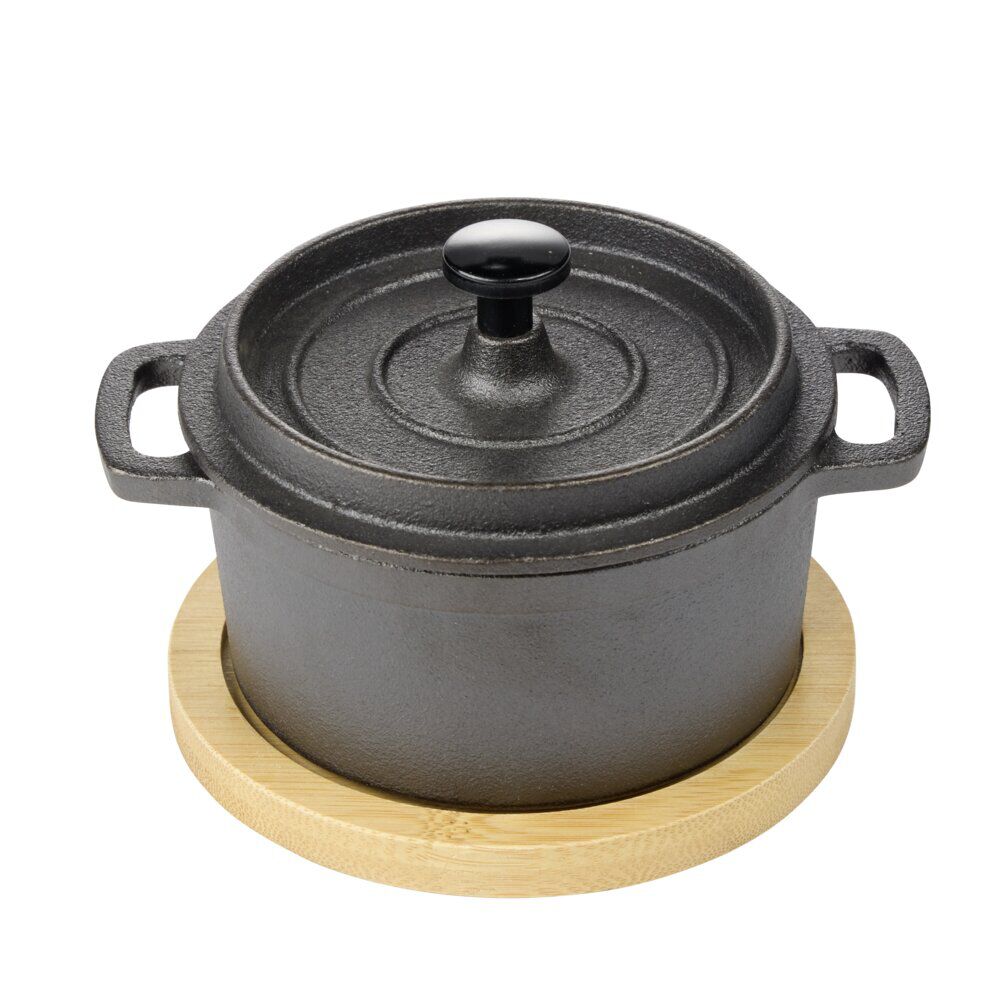 Mini cocotte en fonte avec support bambou L13X11X8 cm noir