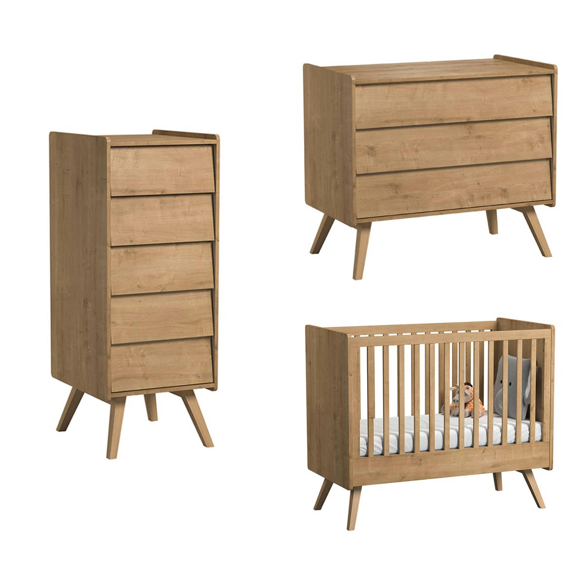 TRIO - VINTAGE - Chambre bébé : Trio - lit bébé 60x120 commode chiffonnier naturel