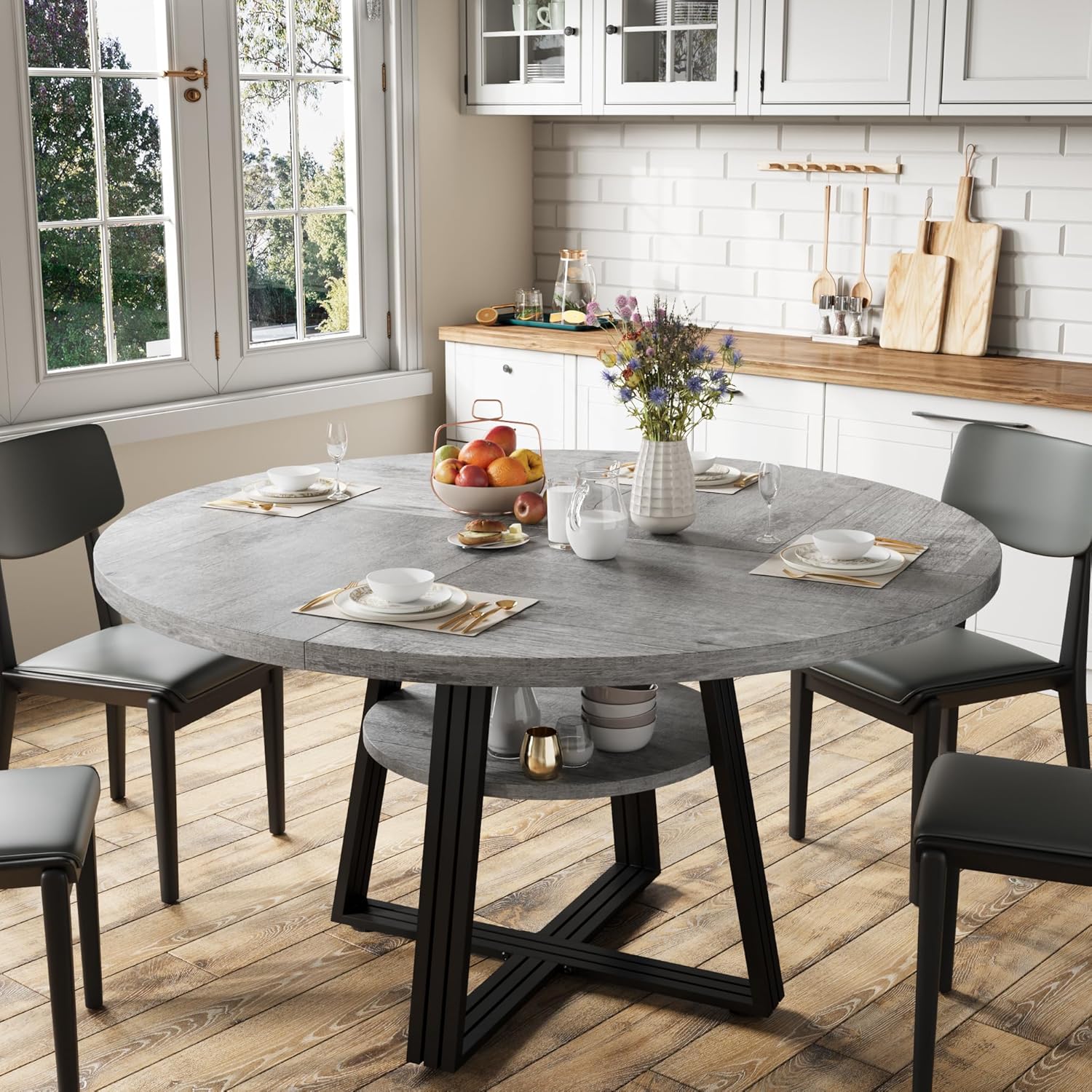 GarveeHome 47 Inch Round Dining Table for 4-6, Farmhouse Pedestal Kitchen Table with Storage Shelf, Space-Saving Circle, for Kitchen, Dining Room, Living Room, Apartment, Table Only- Grey