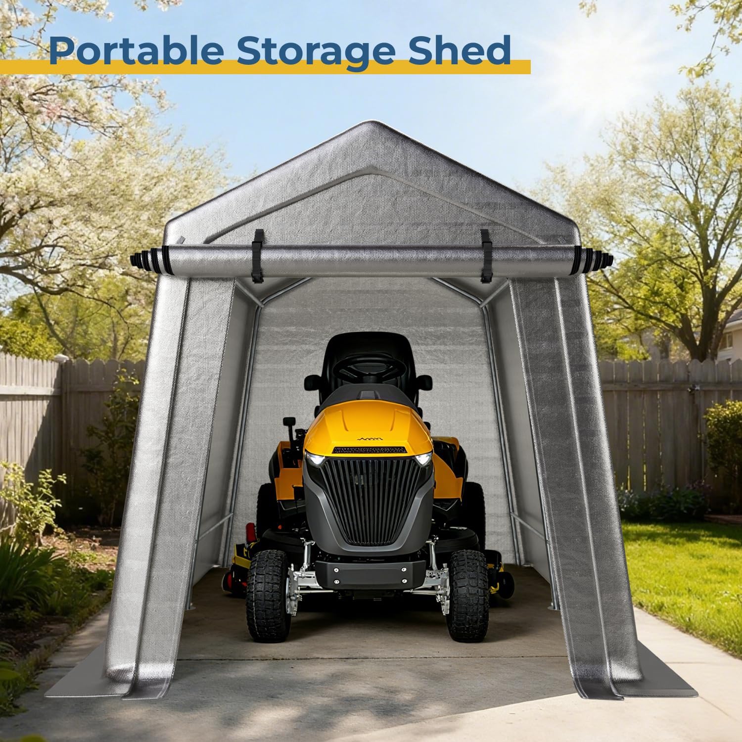 LINKHOO 7 x 10 FT Carport, Portable Shed w/220G Heavy Duty Waterproof PE Tarp, Roll-up Zipper Door & Vent, Weather-Resistant Storage Shed for Motorcycle, Bike and Tools, Gray