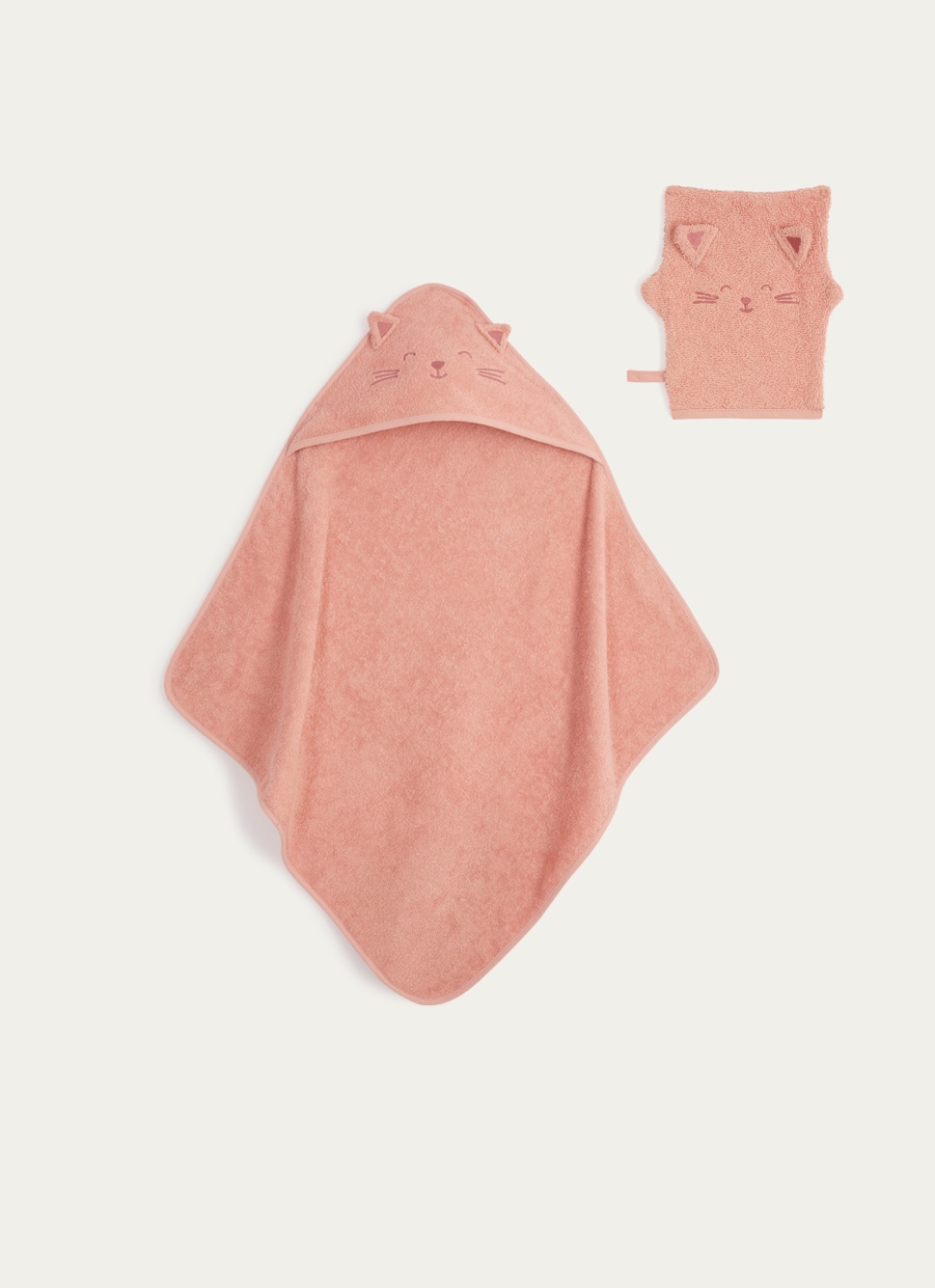 CAPE DE BAIN ET GANT DE TOILETTE EN ÉPONGE CHATON ROSE