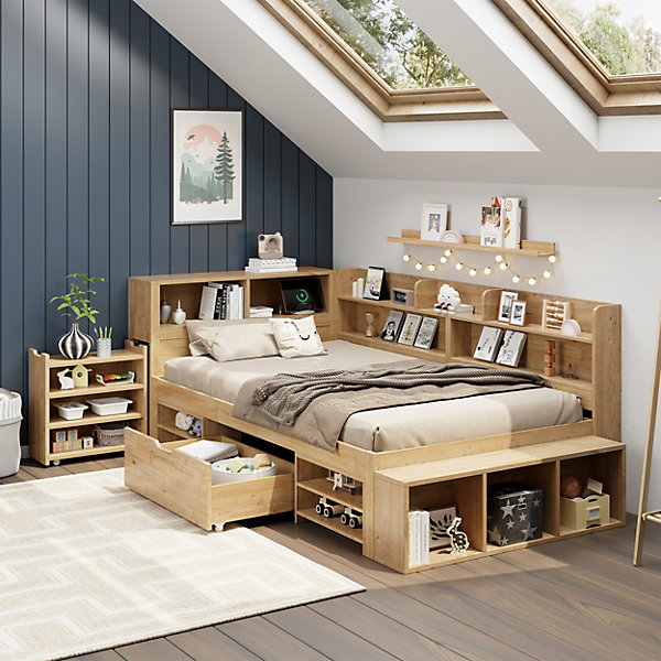 Lit Enfant 90x200 cm - Lit avec Rangement Multifonction, Tiroirs et étagères, Lit Simple en Bois Nature - Sans Matelas