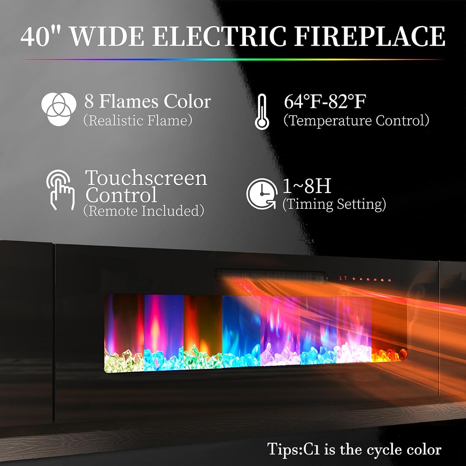 AMERLIFE Fireplace TV Stand with 40 Fireplace, 80 Modern Fireplace Entertainment Center LED Lights, 2 Tier TV Console Cabinet for TVs Up to 90, Obsidian Black