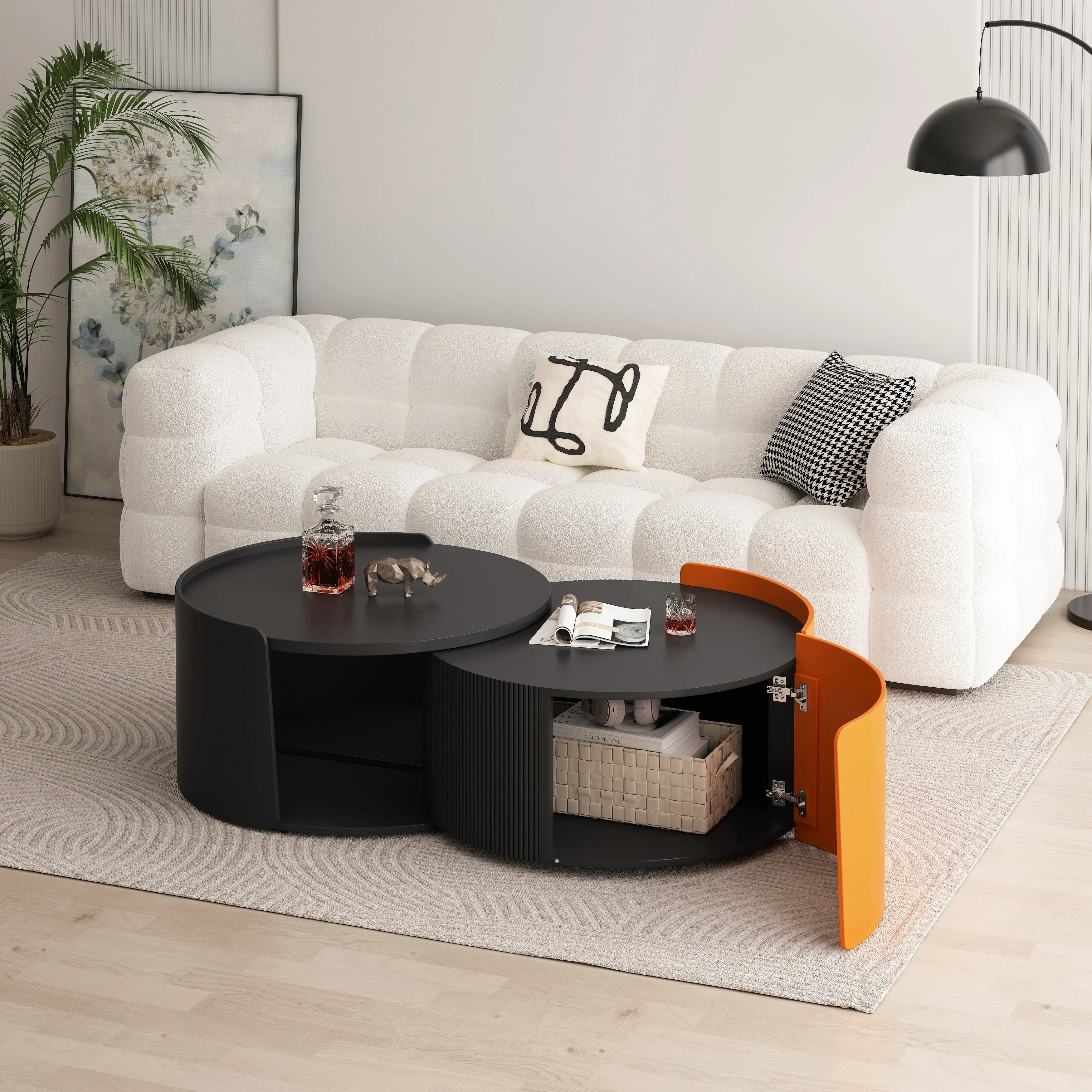 Nesting Coffee Table, Round Nesting Tables for Small Space, Modern Side Tables with Extendable Sliding Tabletop for Living Room