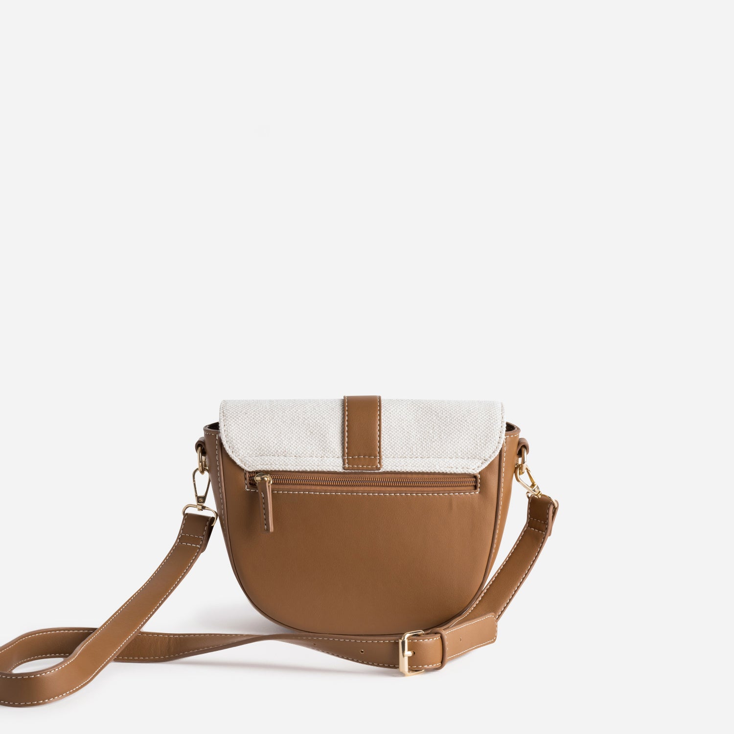 Sac à main bi-matière cognac et textile beige