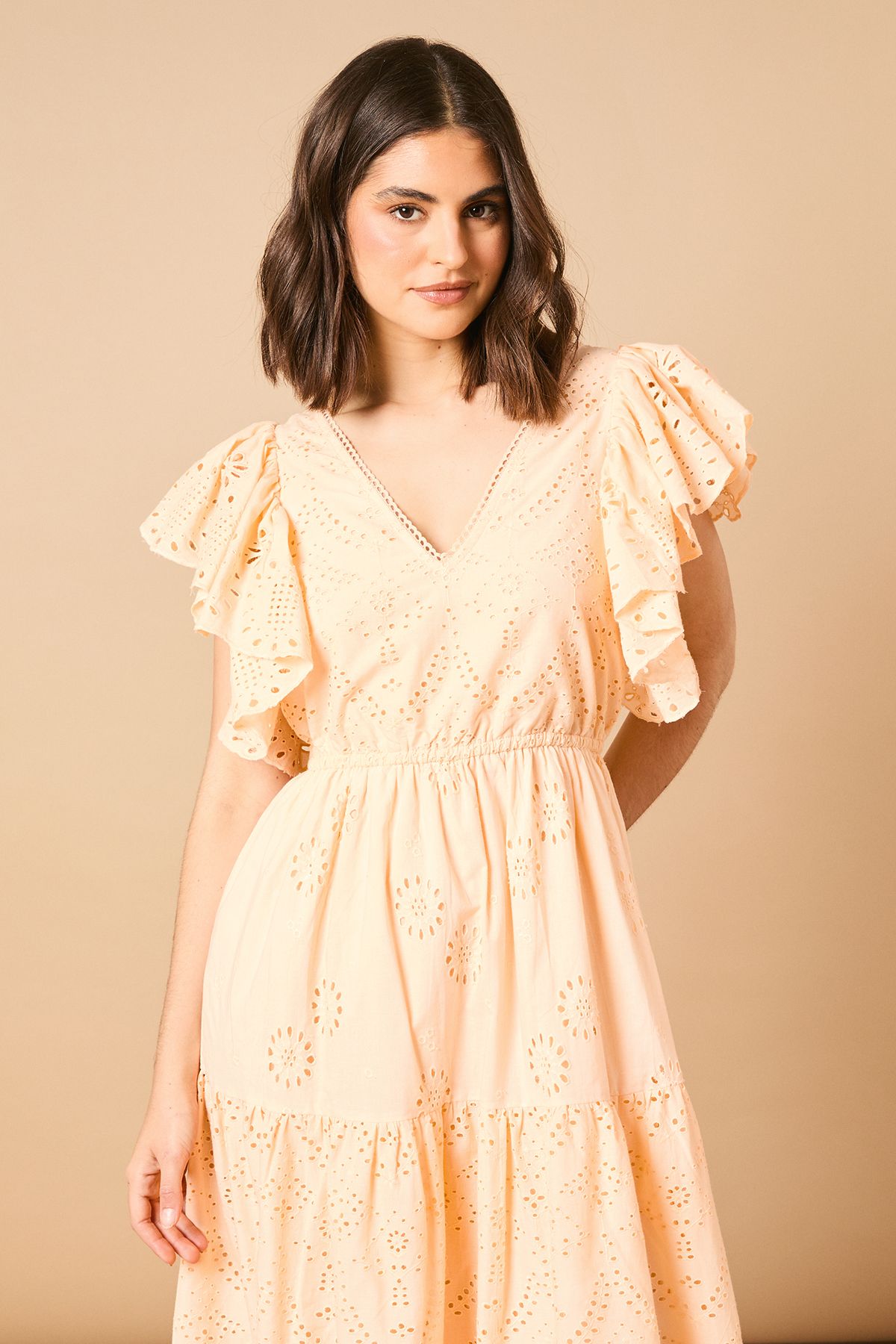 Oasis Broderie V Neck Angel Sleeve Maxi Dress