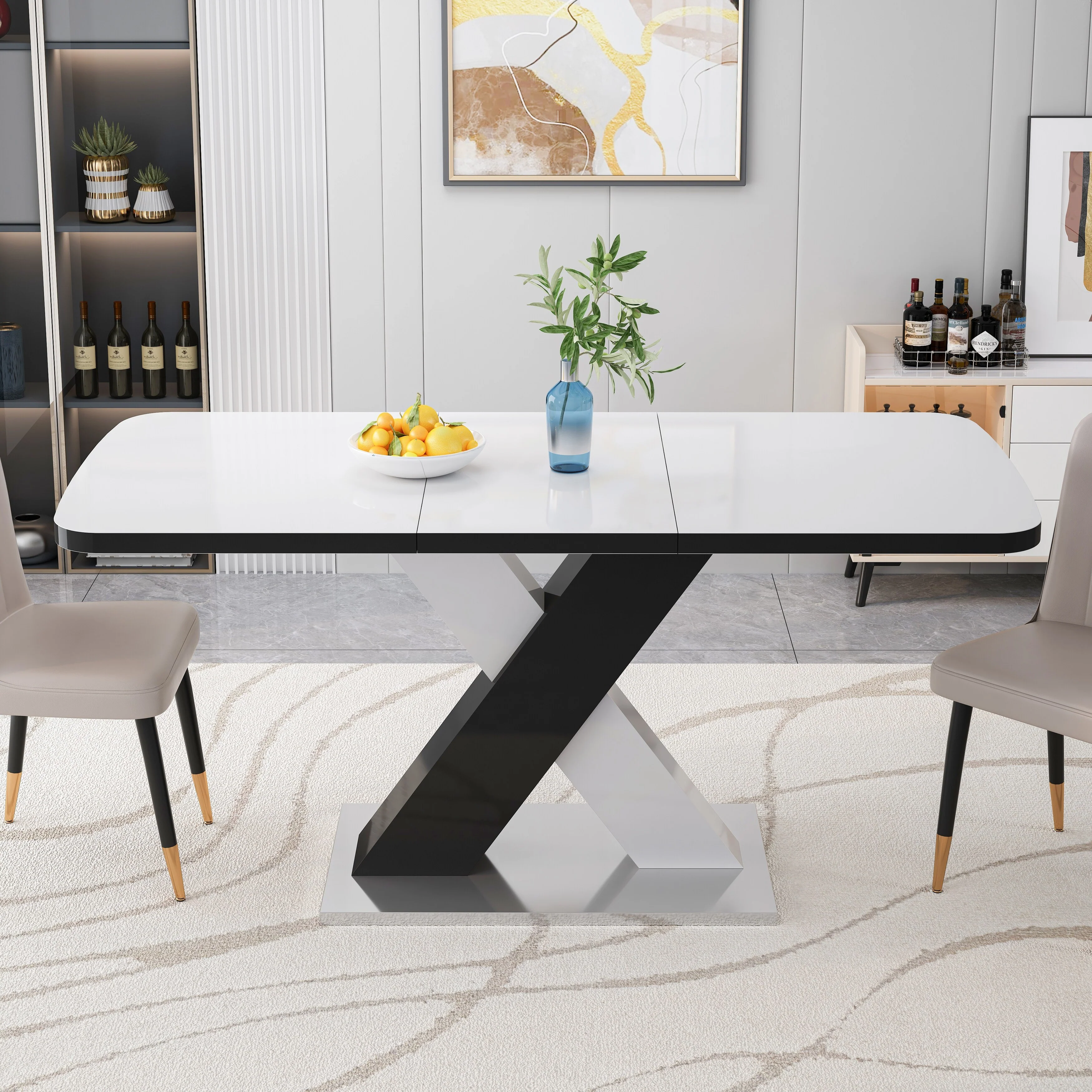 Modern Square Dining Table, Stretchable, White Table Top+MDF X-Shape Table Leg with Metal Base