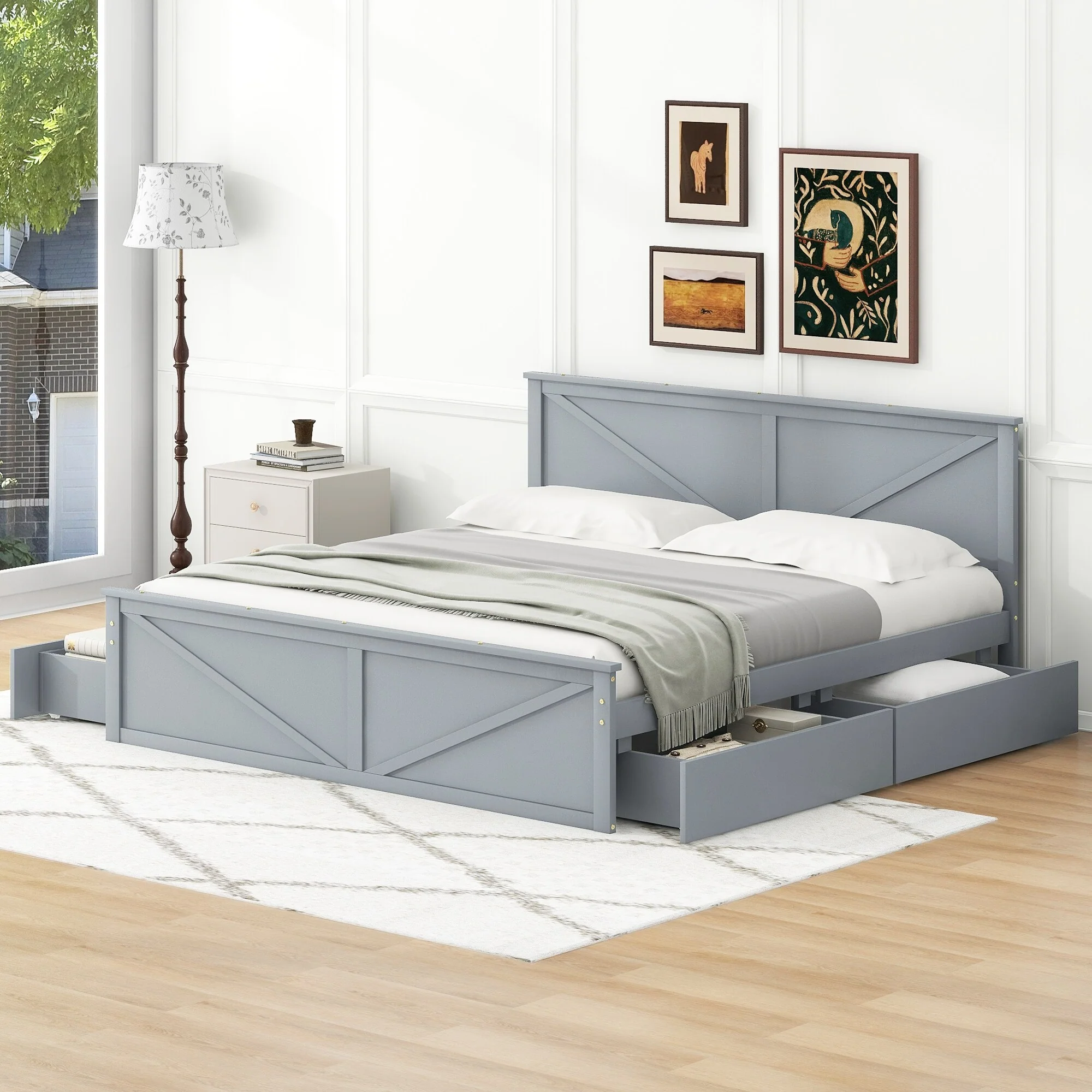King Size Wooden Platform Bed Frame with Four Storage Drawers and Support Legs, Low-Profile Storage Bed, No Box Spring Needed